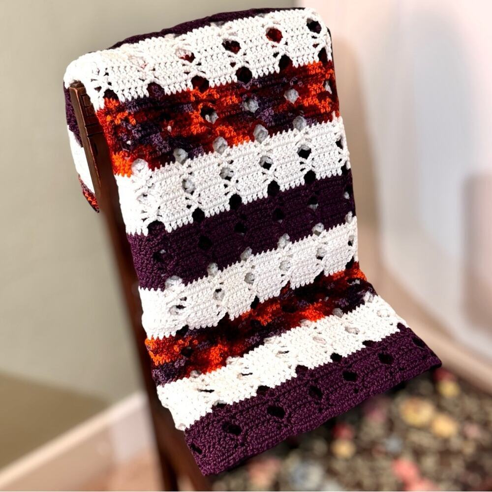 Handmade Crochet Afghan Blanket Colorful Purple Striped Throw Boho 66” x 49”